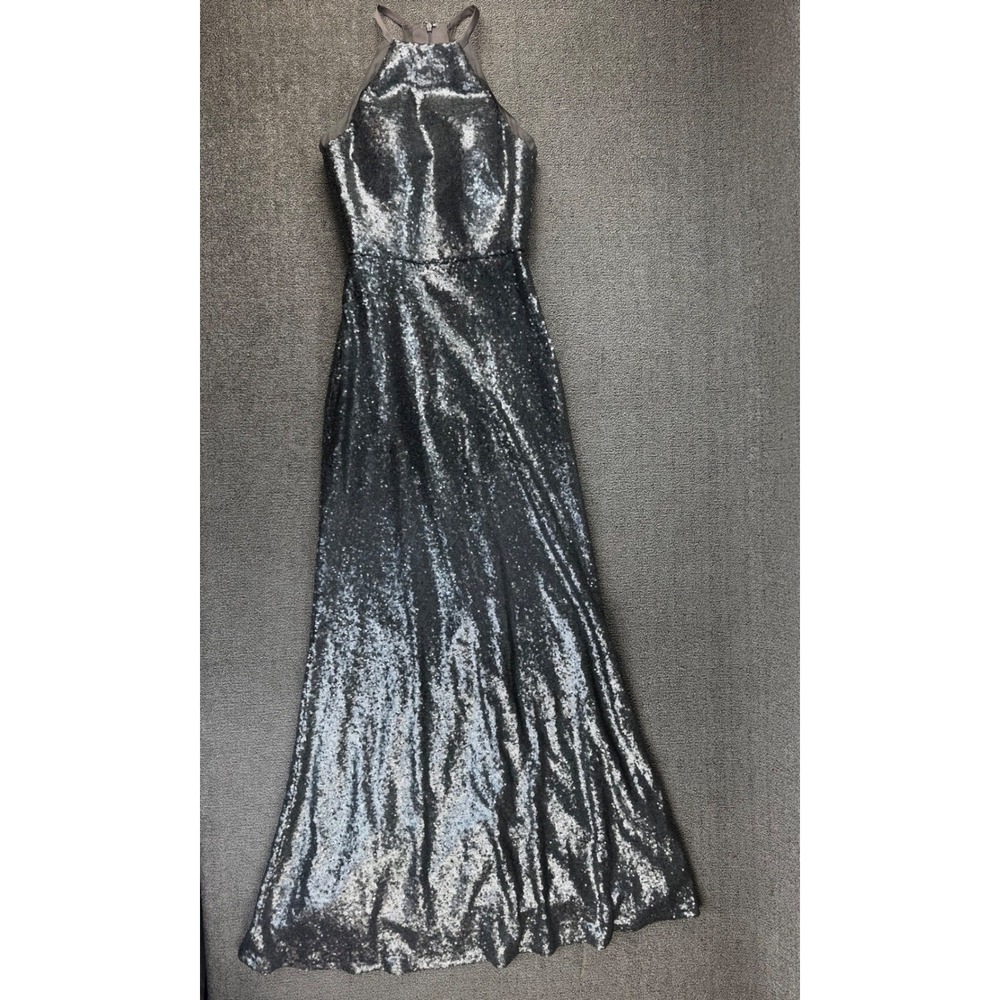 Bari Jay Formal Dress Size 4 Silver Sequin Grey Halter Maxi Gown Event Wedding